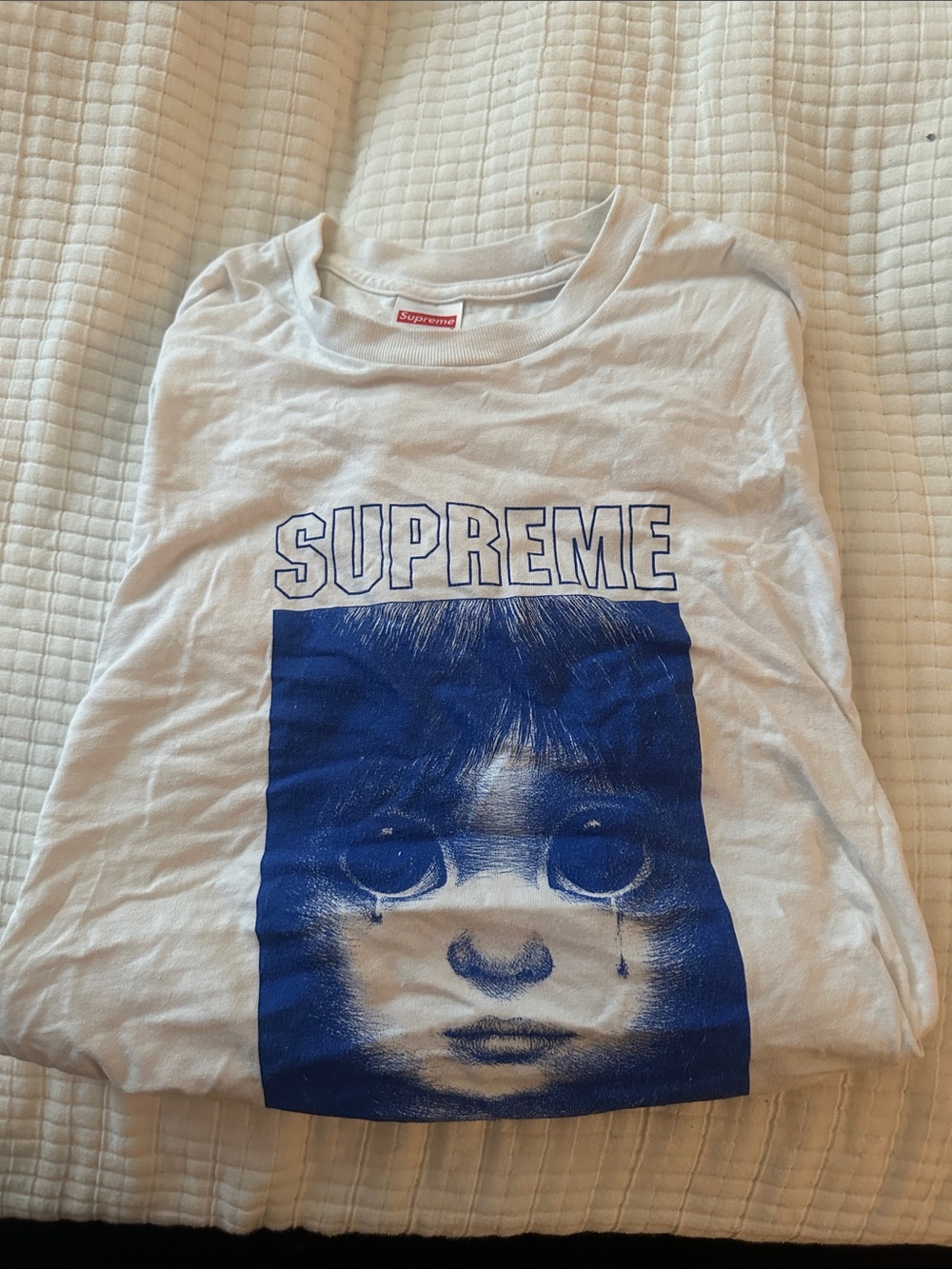 Supreme White Tee with Blue Graphic Face Print